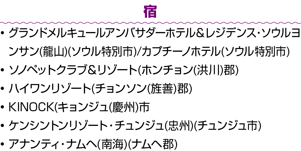 宿 • グランドメルキュールアンバサダーホテル＆レジデンス・ソウルヨンサン(龍山)(ソウル特別市)/カプチーノホテル(ソウル特別市) • ソノペットクラブ＆リゾート(ホンチョン(洪川)郡) • ハイワンリゾート(チョンソン(旌善)郡)...