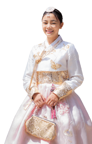 Korean lady in hanbok dress costume smile in an ancient Gyeongbokgung palace in Seoul city, South Korea, this image can use for travel, and tourist Seoul.