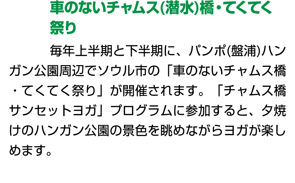 車のないチャムス(潜水)橋・てくてく祭り 毎年上半期と下半期に、パンポ(盤浦)ハンガン公園周辺でソウル市の「車のないチャムス橋・てくてく祭り」が開催されます。「チャムス橋サンセットヨガ」プログラムに参加すると、夕焼けのハンガン公園の景...