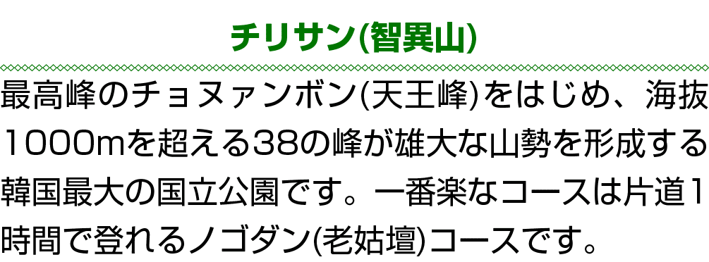 チリサン(智異山) 最高峰のチョヌァンボン(天王峰)をはじめ、海抜1000mを超える38の峰が雄大な山勢を形成する韓国最大の国立公園です。一番楽なコースは片道1時間で登れるノゴダン(老姑壇)コースです。